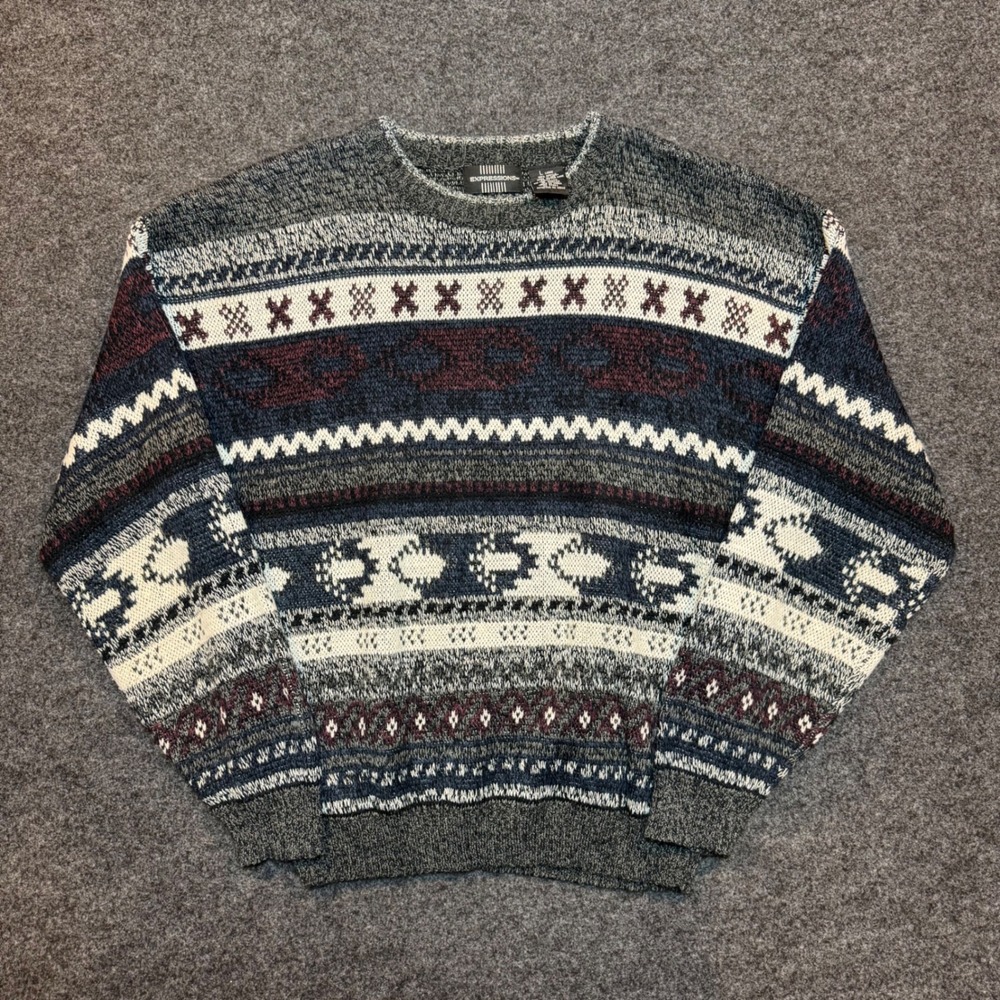 Vintage Expressions Mens Large Geometric Knit Crewneck Sweater Multi Color Retro
